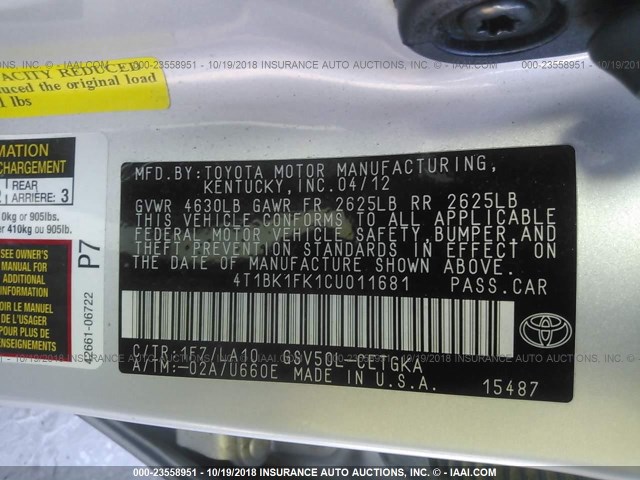 4T1BK1FK1CU011681 - 2012 TOYOTA CAMRY SE/XLE SILVER photo 9