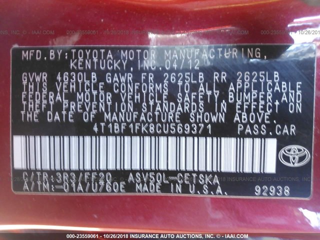4T1BF1FK8CU569371 - 2012 TOYOTA CAMRY SE/LE/XLE RED photo 9
