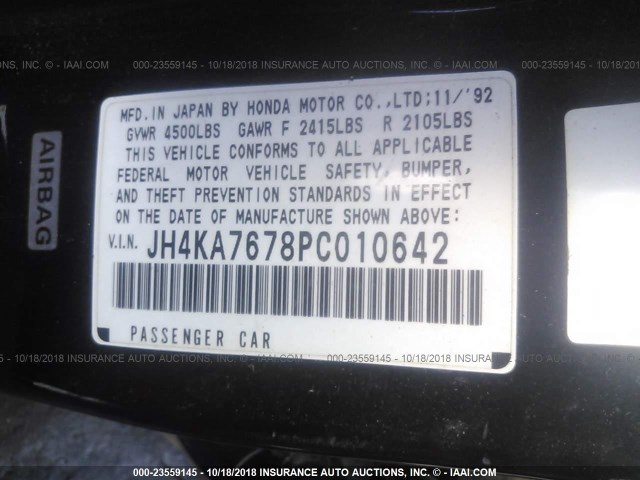 JH4KA7678PC010642 - 1993 ACURA LEGEND LS BLACK photo 9