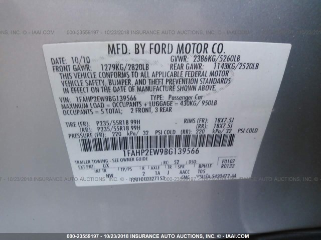 1FAHP2EW9BG139566 - 2011 FORD TAURUS SEL SILVER photo 9