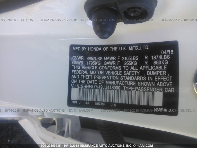 SHHFK7H49JU418000 - 2018 HONDA CIVIC SPORT 白色 照片 9