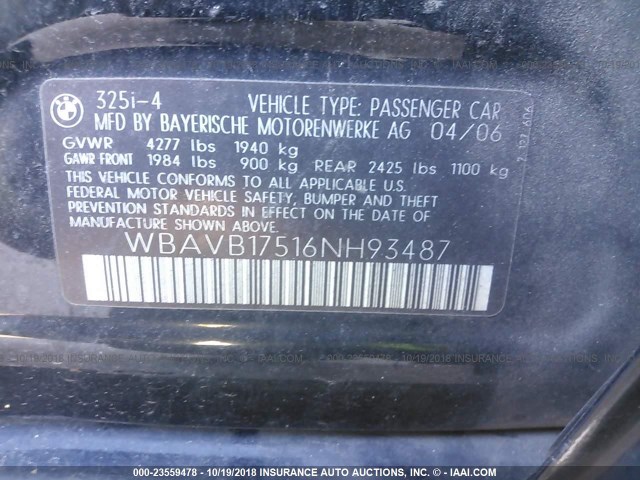 WBAVB17516NH93487 - 2006 BMW 325 I AUTOMATIC BLACK photo 9