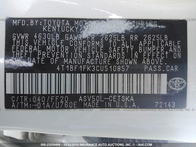 4T1BF1FK3CU510857 - 2012 TOYOTA CAMRY SE/LE/XLE WHITE photo 9