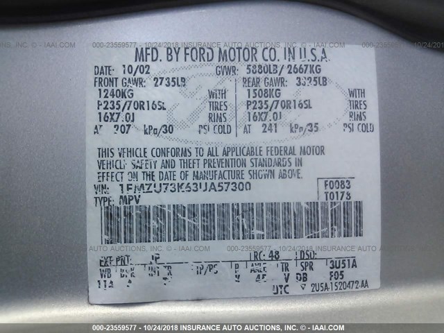 1FMZU73K63UA57300 - 2003 FORD EXPLORER XLT/XLT SPORT/NBX 银色 照片 9