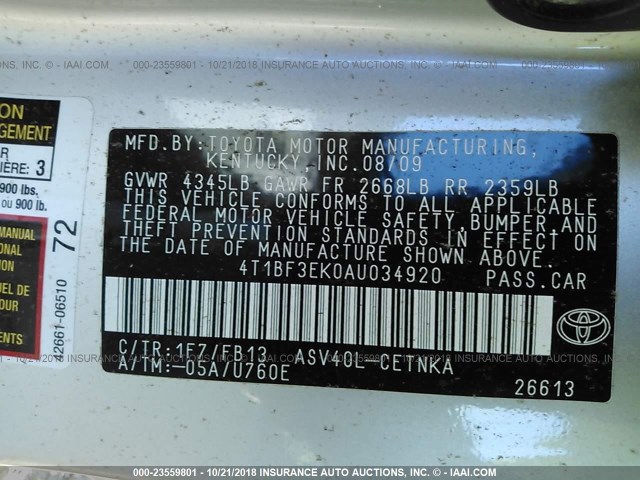 4T1BF3EK0AU034920 - 2010 TOYOTA CAMRY SE/LE/XLE 银色 照片 9