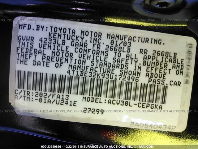 4T1BE32K93U172496 - 2003 TOYOTA CAMRY LE/XLE/SE Қара фото 9