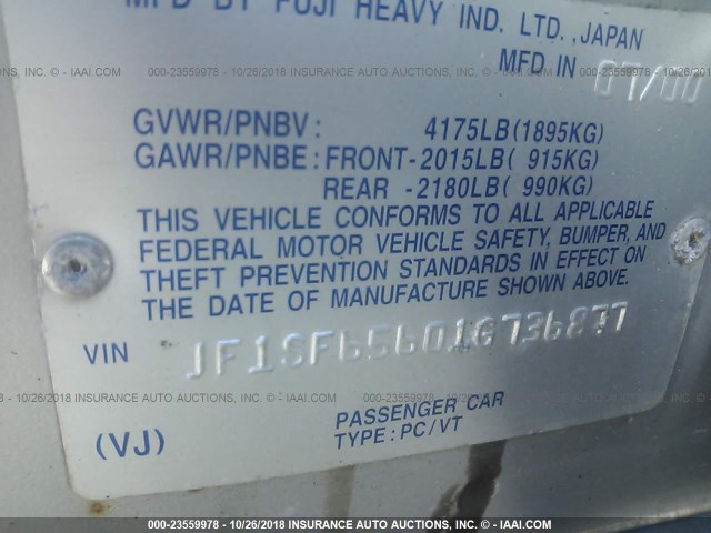 JF1SF65601G736877 - 2001 SUBARU FORESTER S SILVER photo 9