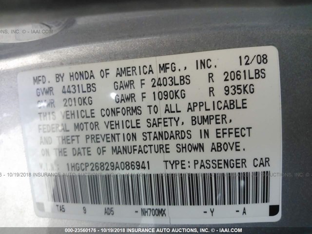 1HGCP26829A086941 - 2009 HONDA ACCORD EXL SILVER photo 9