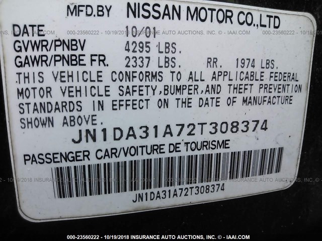 JN1DA31A72T308374 - 2002 NISSAN MAXIMA GLE/SE Dark Blue photo 9