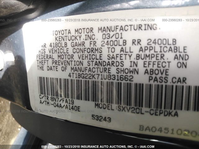 4T1BG22K71U831662 - 2001 TOYOTA CAMRY CE/LE/XLE 绿色 照片 9