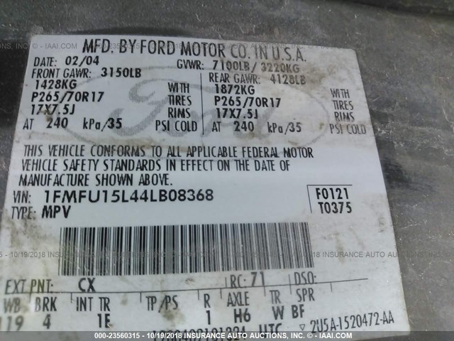 1FMFU15L44LB08368 - 2004 FORD EXPEDITION XLT GRAY photo 9