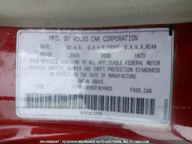 YV1VS29563F924903 - 2003 VOLVO S40 1.9T RED photo 9