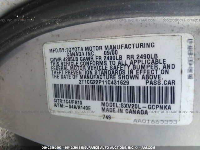 2T1CG22P11C431629 - 2001 TOYOTA CAMRY SOLARA SE SILVER photo 9