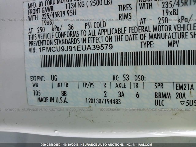 1FMCU9J91EUA39579 - 2014 FORD ESCAPE TITANIUM WHITE photo 9