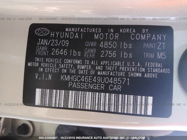 KMHGC46E49U048571 - 2009 HYUNDAI GENESIS 3.8L GOLD photo 9