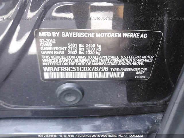 WBAFR9C51CDX78796 - 2012 BMW 550 I GRAY photo 9