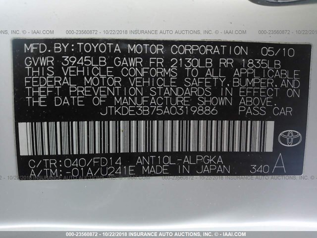JTKDE3B75A0319886 - 2010 TOYOTA SCION TC 白色 照片 9