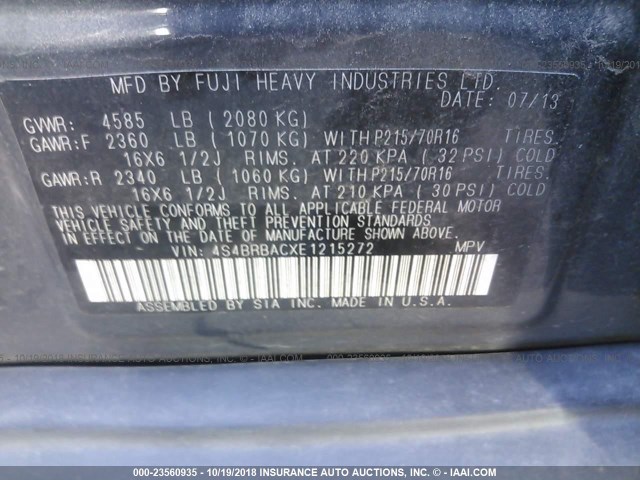 4S4BRBACXE1215272 - 2014 SUBARU OUTBACK 2.5I GRAY photo 9