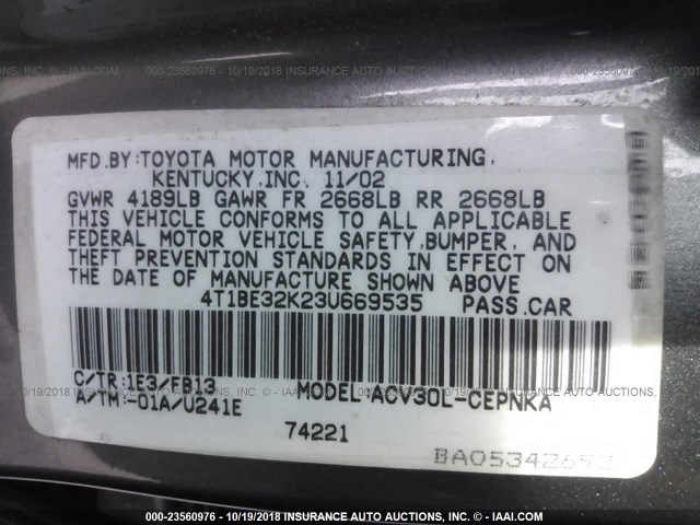 4T1BE32K23U669535 - 2003 TOYOTA CAMRY LE/XLE/SE Сұр фото 9