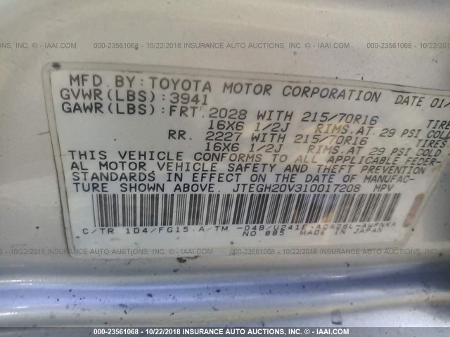 JTEGH20V310017208 - 2001 TOYOTA RAV4 SILVER photo 9