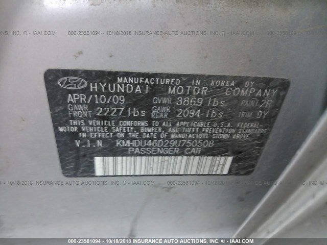 KMHDU46D29U750508 - 2009 HYUNDAI ELANTRA GLS/SE SILVER photo 9