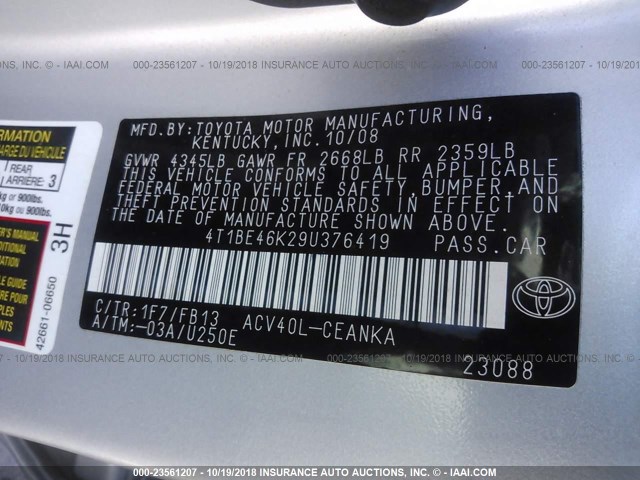 4T1BE46K29U376419 - 2009 TOYOTA CAMRY SE/LE/XLE SILVER photo 9