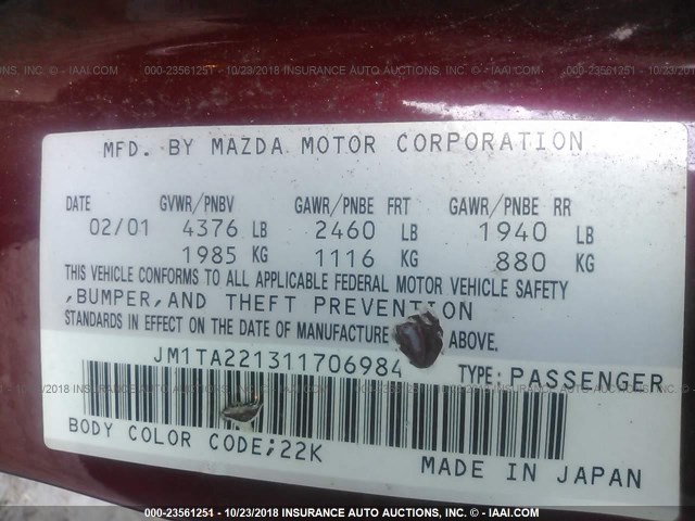 JM1TA221311706984 - 2001 MAZDA MILLENIA RED photo 9