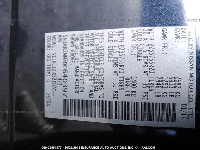 5N1AR2MM3DC640397 - 2013 NISSAN PATHFINDER S/SV/SL/PLATINUM BLUE photo 9