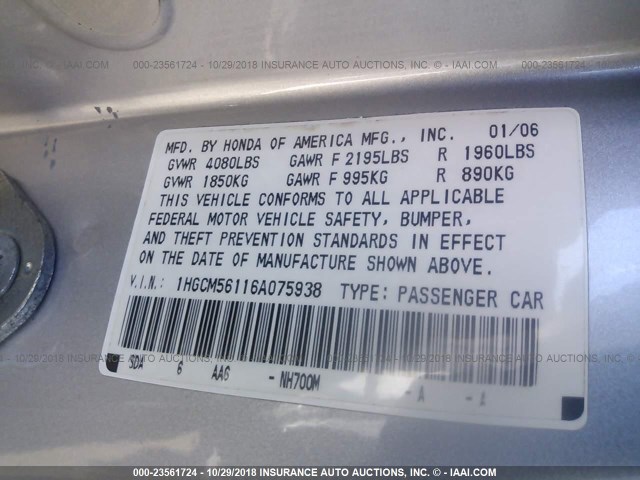 1HGCM56116A075938 - 2006 HONDA ACCORD VALUE SILVER photo 9