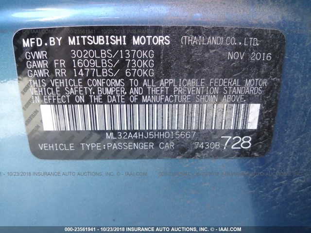 ML32A4HJ5HH015667 - 2017 MITSUBISHI MIRAGE SE BLUE photo 9