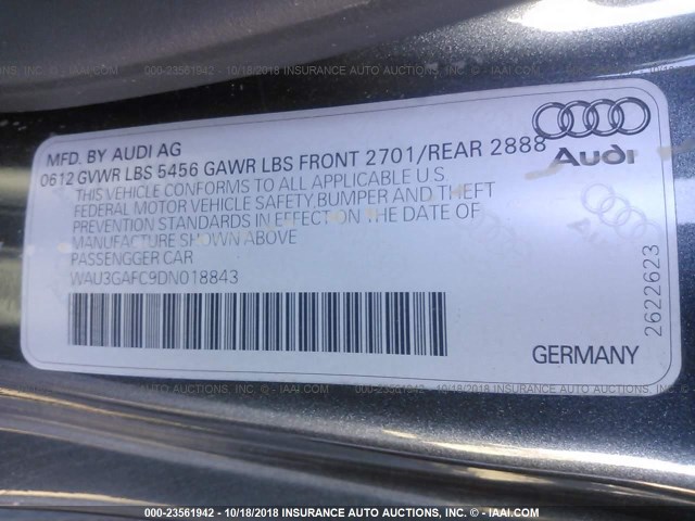 WAU3GAFC9DN018843 - 2013 AUDI A7 PRESTIGE GRAY photo 9