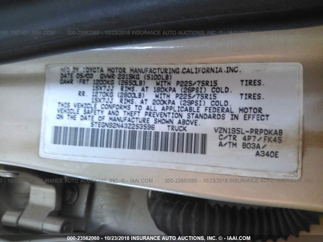 5TEGN92N43Z253596 - 2003 TOYOTA TACOMA DOUBLE CAB PRERUNNER GOLD photo 9