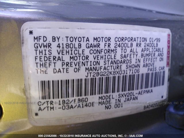 JT2BG22K8X0317106 - 1999 TOYOTA CAMRY LE/XLE GRAY photo 9