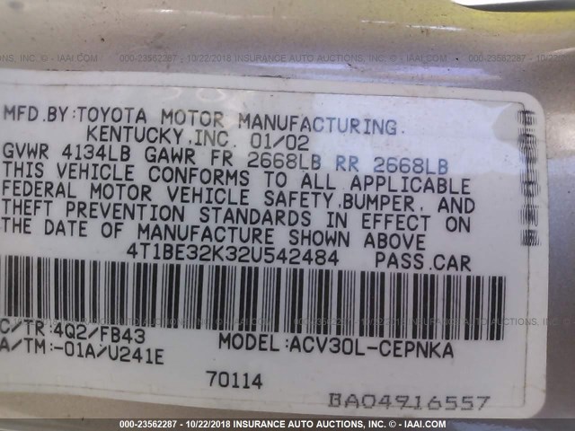 4T1BE32K32U542484 - 2002 TOYOTA CAMRY LE/XLE/SE GOLD photo 9