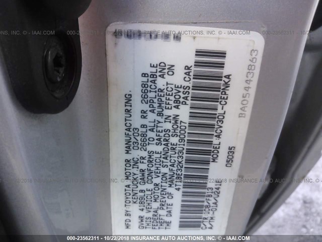 4T1BE32K33U190007 - 2003 TOYOTA CAMRY LE/XLE/SE SILVER photo 9