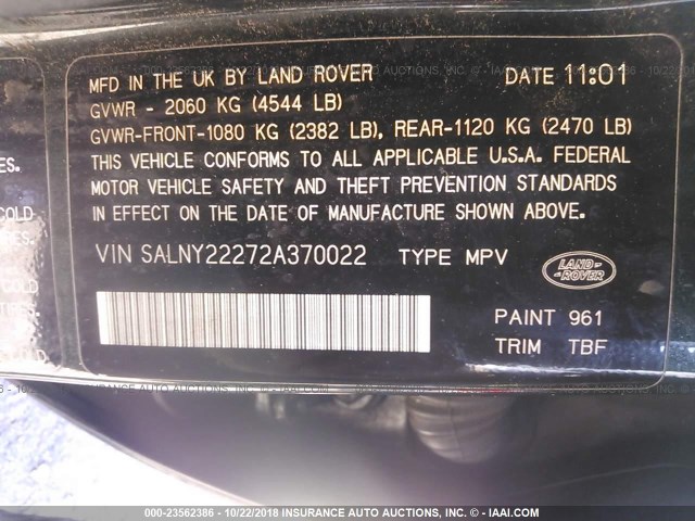 SALNY22272A370022 - 2002 LAND ROVER FREELANDER SE GREEN photo 9