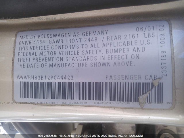 WVWRH63B12P044423 - 2002 VOLKSWAGEN PASSAT GLX GOLD photo 9
