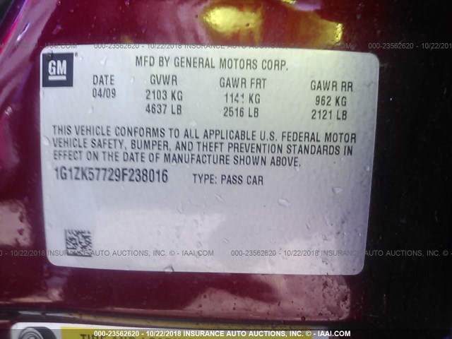 1G1ZK57729F238016 - 2009 CHEVROLET MALIBU LTZ 栗色 照片 9