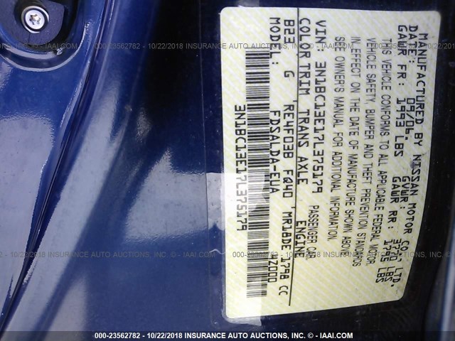 3N1BC13E17L375179 - 2007 NISSAN VERSA S/SL BLUE photo 9