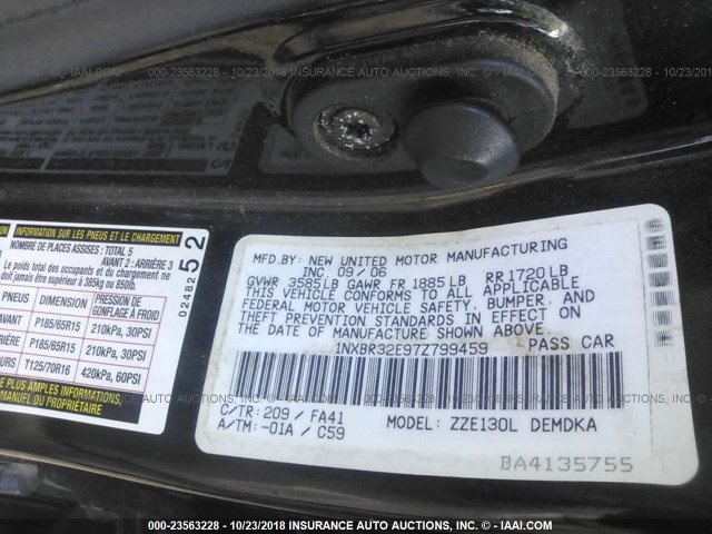 1NXBR32E97Z799459 - 2007 TOYOTA COROLLA CE/LE/S BLACK photo 9