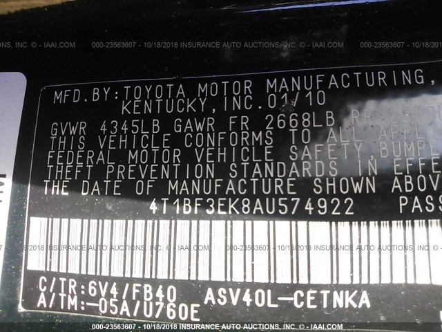 4T1BF3EK8AU574922 - 2010 TOYOTA CAMRY SE/LE/XLE GREEN photo 9