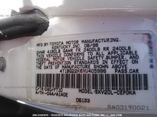 4T1BG22K6XU405986 - 1999 TOYOTA CAMRY CE/LE/XLE 白色 照片 9