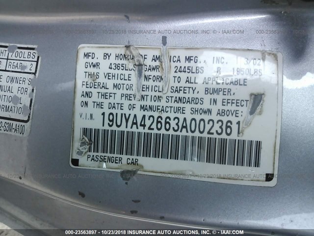 19UYA42663A002361 - 2003 ACURA 3.2CL TYPE-S SILVER photo 9