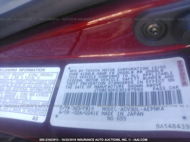 JTDBE32K030187593 - 2003 TOYOTA CAMRY LE/XLE RED photo 9