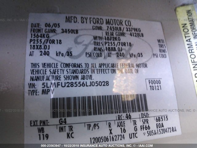 5LMFU28556LJ05028 - 2006 LINCOLN NAVIGATOR 白色 照片 9