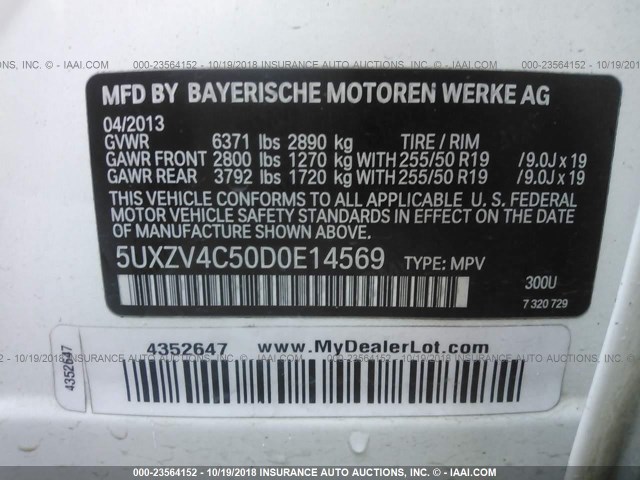5UXZV4C50D0E14569 - 2013 BMW X5 XDRIVE35I WHITE photo 9