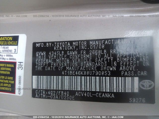 4T1BE46K88U790853 - 2008 TOYOTA CAMRY CE/LE/XLE/SE GOLD photo 9