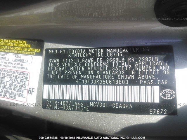 4T1BF30K35U618600 - 2005 TOYOTA CAMRY LE/XLE/SE 金色 照片 9