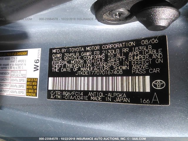 JTKDE177070167408 - 2007 TOYOTA SCION TC 浅蓝色 照片 9