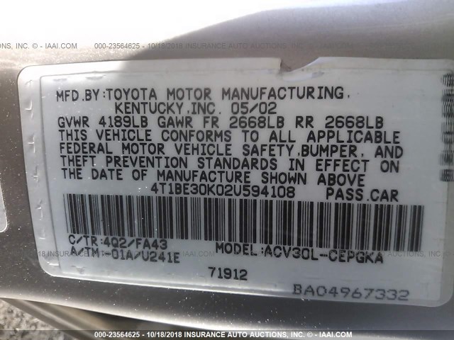 4T1BE30K02U594108 - 2002 TOYOTA CAMRY LE/XLE/SE 棕色 照片 9